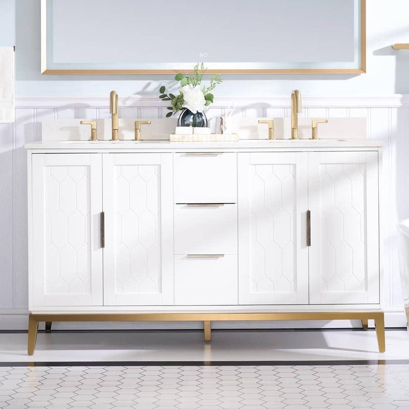ANGELES HOME - 60 in.W Solid Wood Bath Vanity in White with White Quartz Top, Double Sink, Soft-Close Drawer and Door, Assembled