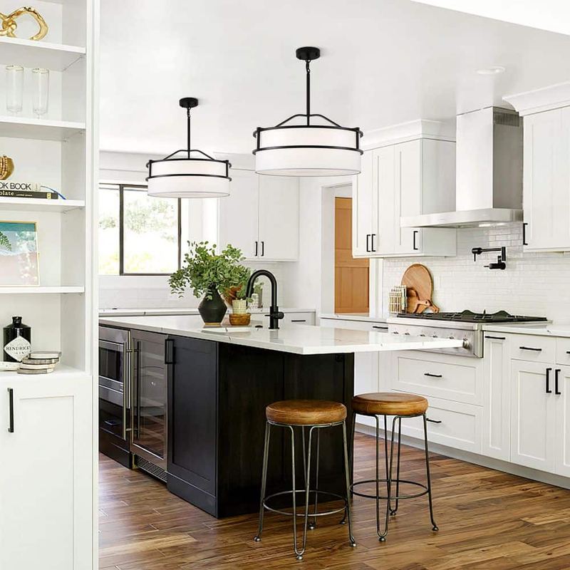 ADSENSTY - 5-Light Black Modern Drum Chandelier with White Fabric Shade for Kitchen Island Dining Room