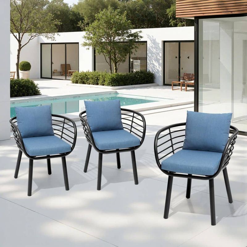 Pellebant - High-Grade Aluminum Outdoor Dining Chair with Sunbrella Cushion in Spectrum Denim (Set of 3)