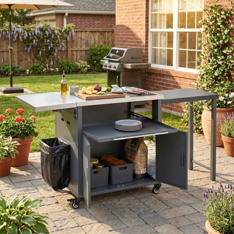 Polibi - Gray Stainless Steel Top Kitchen Cart with Trash Rack, Foldable Top and Storage Space