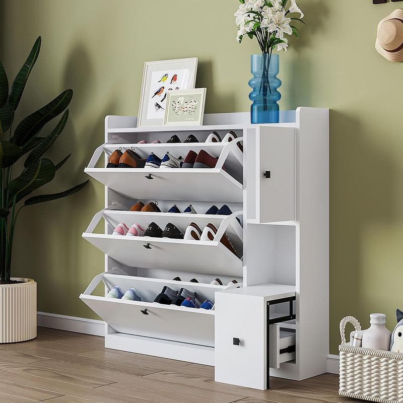 Nestfair - 47.2 in. H x 47 in. W x 9.4 in. D White Shoe Storage Cabinet with Drawers, Cabinet and Pull-Down Seat