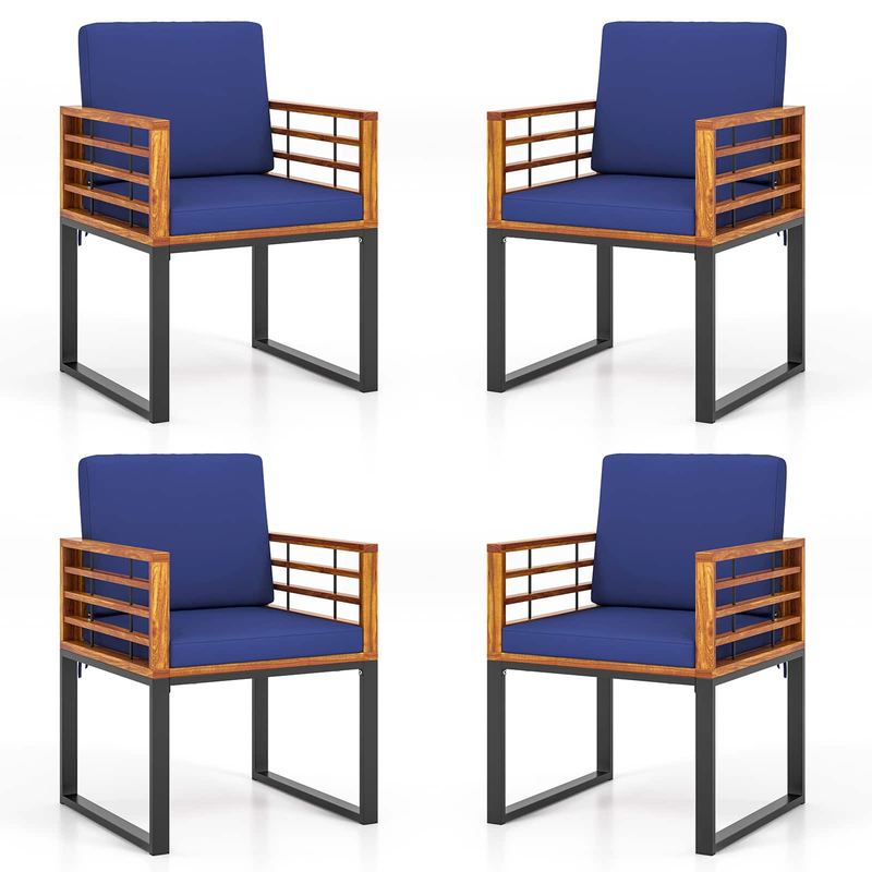 Gymax - 4PCS Acacia Wood Dining Chairs Armchairs w/ Soft Cushions & Metal Frame Outdoor - Navy