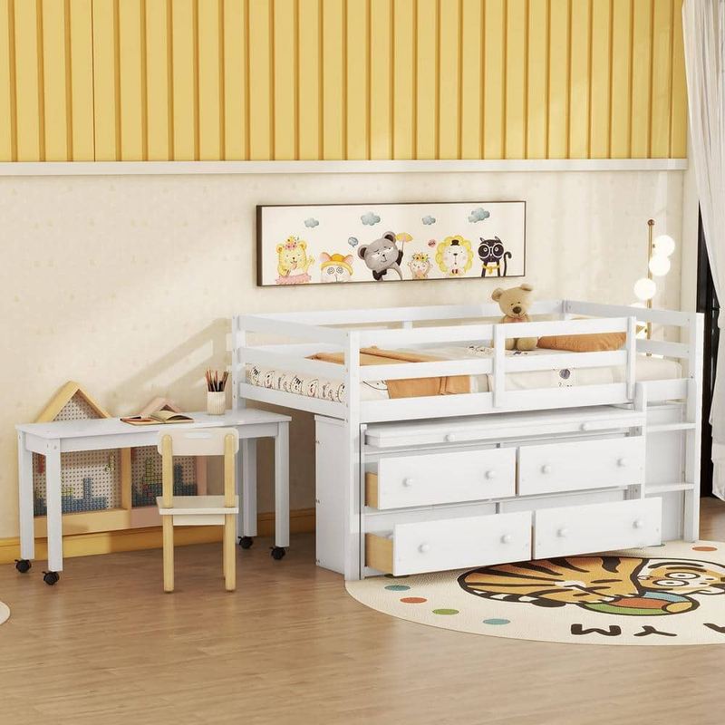 Harper & Bright Designs - White Twin Size Wood Low Loft Bed with Retractable Writing Desktop, 4 Open Compartments, 4-Drawer, Movable Desk