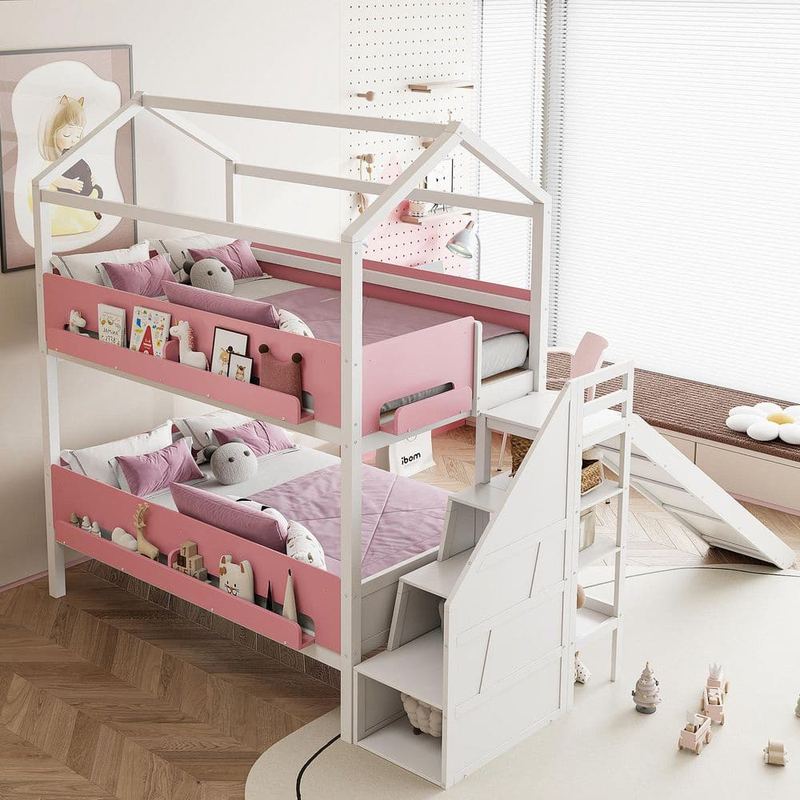 Polibi - White/Pink Twin Over Twin Bunk Bed with Slide and Storage Staircase