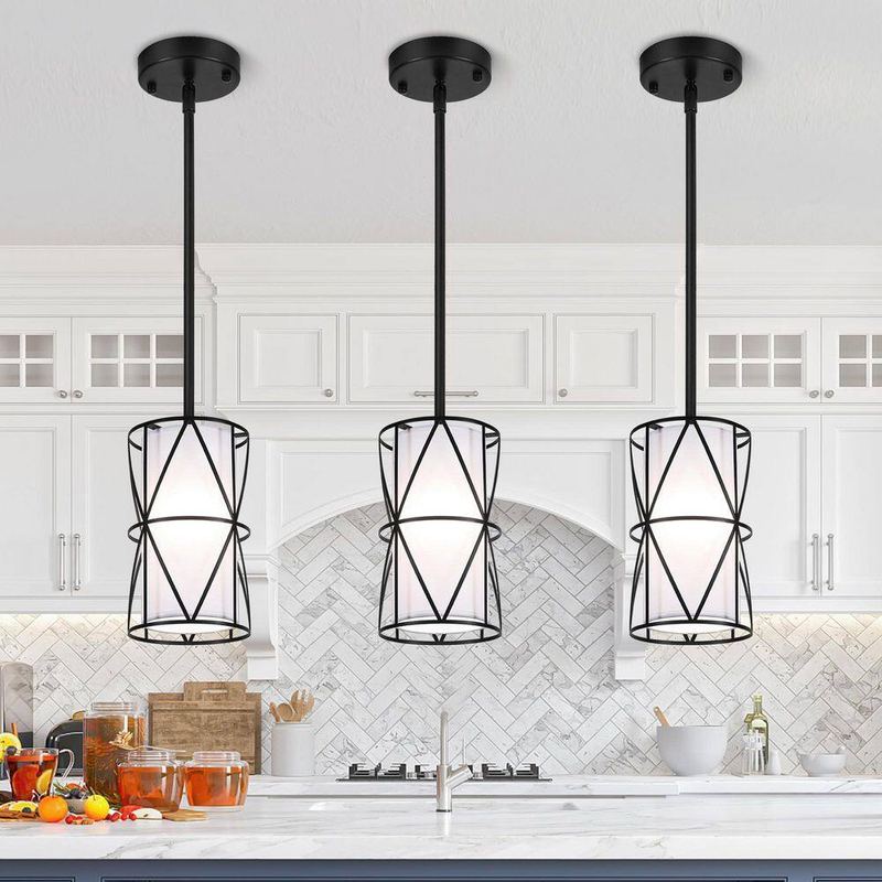 ZSMIHDOH - 1-Light Black Modern Drum Pendant Light w/ White Fabric Shade (Set of 3)