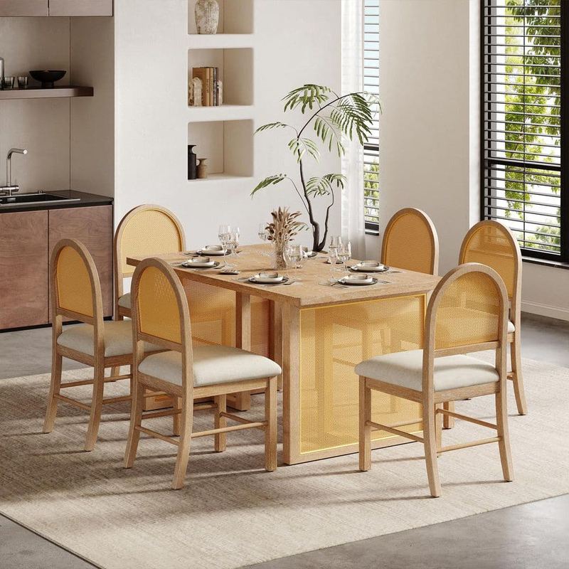 Nestfair - 7 Piece Rectangular Natural Brown Wood Top Dining Table Set Seats 6 with Distressed Oak Veneer