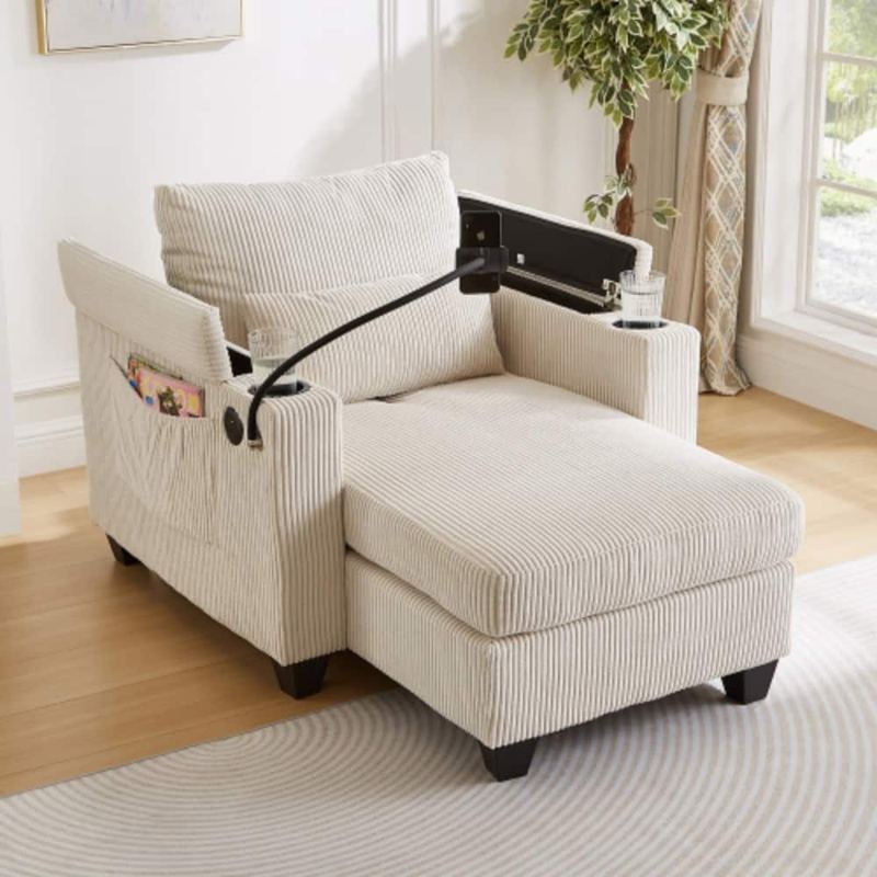 LUCKY ONE - 37.4" Convertible Chaise Lounge Sofa Chair Bed w/ USB Cup Holders Phone Holder Storage - Beige