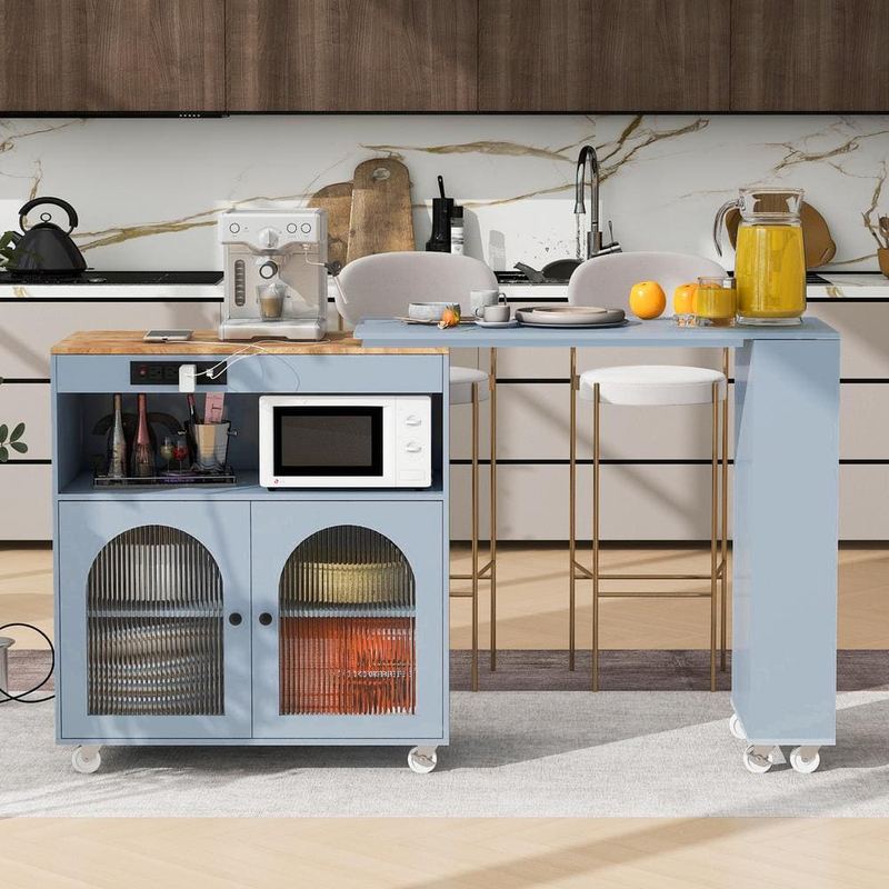 FAMYYT - Unlock Gray Extended Rubber Wood Tabletop 56.3 in. Kitchen Island with LED Lights, Power Outlets and Fluted Glass Doors