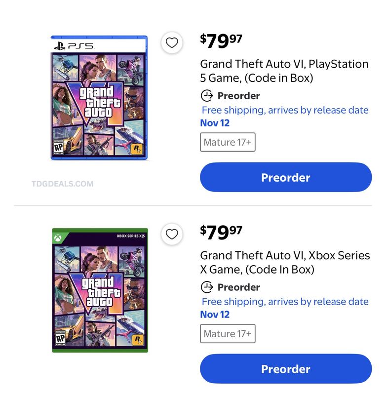 Walmart now has GTA VI preorders live for both PS5 and Xbox Series X.