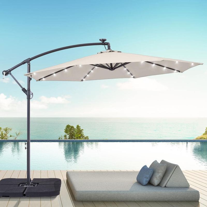 Sonkuki - 10 ft. Round Outdoor Patio Solar LED Lighted Cantilever Umbrella in Beige