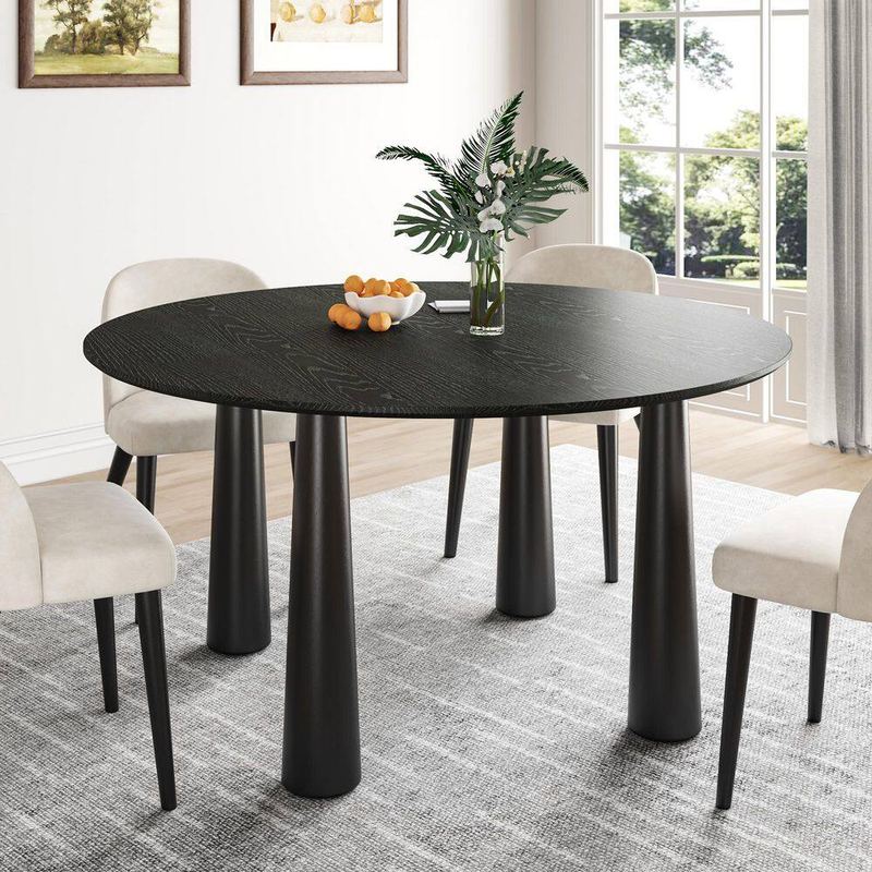 Lirago - Round Black Solid Wood 52 in. Kitchen Tables 4-Legs Dining Table Seats 6