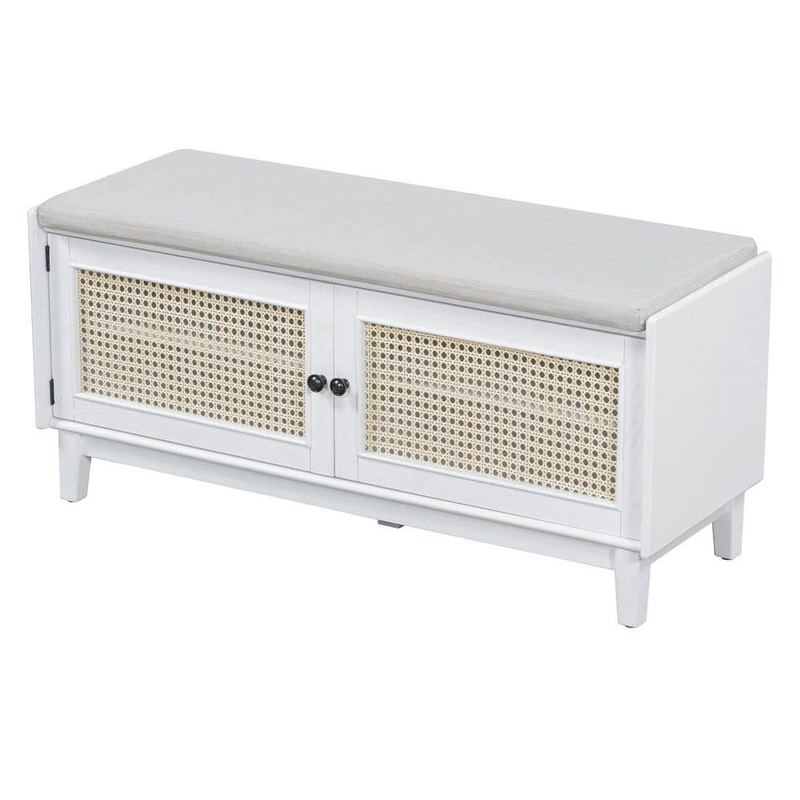 Nestfair - 19.9 in. H x 43 in. W White and Beige Entryway Shoe Storage Bench with Cushion and Rattan Doors