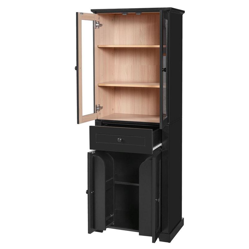 Nestfair - 23.96 in. Wx15.67 in. D x67.2 in. H Freestanding Black Linen Cabinet Tall Bathroom Storage Cabinet, Tempered Glass Doors
