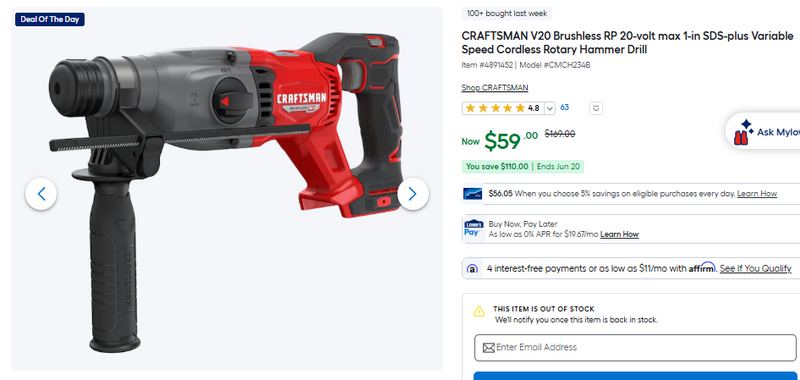CRAFTSMAN V20 Brushless RP 20-volt max 1-in SDS-plus Variable Speed Cordless Rotary Hammer Drill
