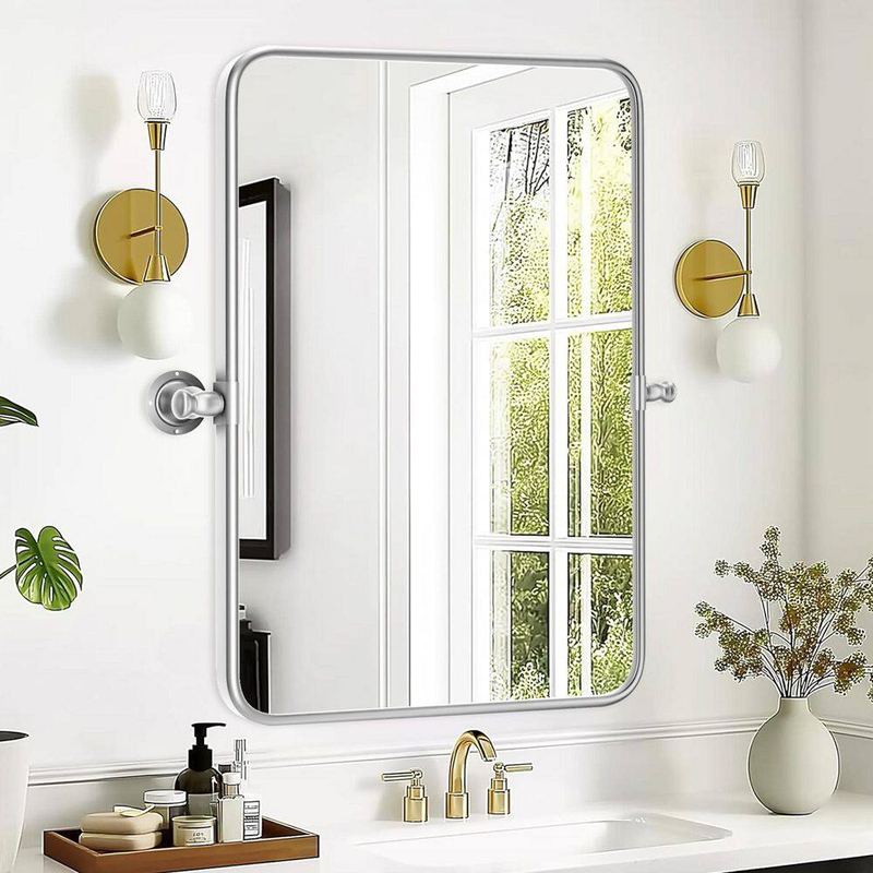 Sxiawe - 24 in. W x 36 in. H Modern Rectangular Silver Stainless Steel Frame Round Corner Adjustable Vanity Mirror Wall Mirror