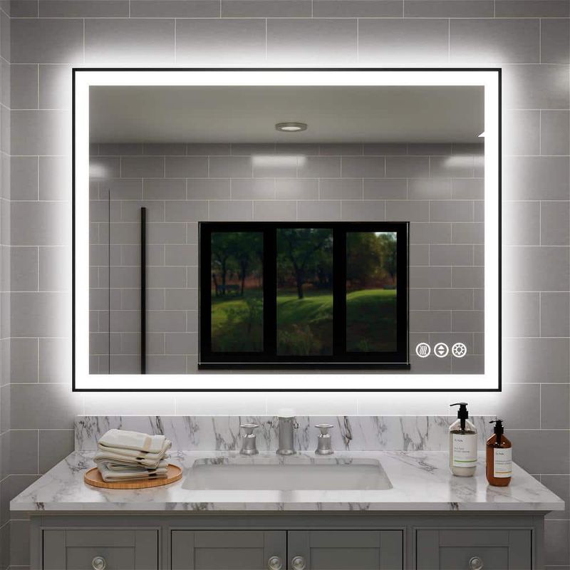 MYCASS - 48 in. W x 36 in. H Rectangular 3 Colors Dimmable LED Anti-Fog Memory Wall Mount Bathroom Vanity Mirror in Matte Black