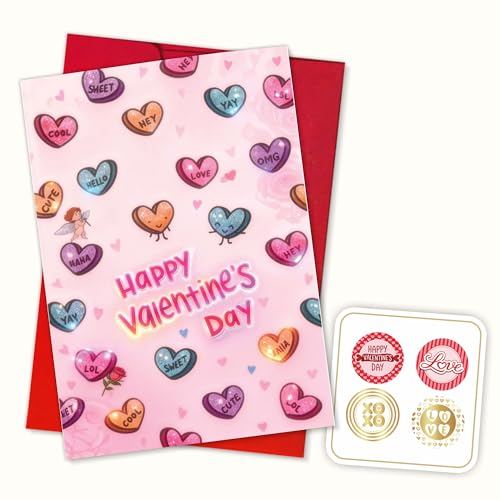 (5.3x8in) Valentine’s Day Card with Candy Heart, Glitter-Inspired Conversation Hearts Greeting, Playful Colorful Stationery for Kids Friends Classmates Teachers, Blank Inside with Envelope (Vlt11)