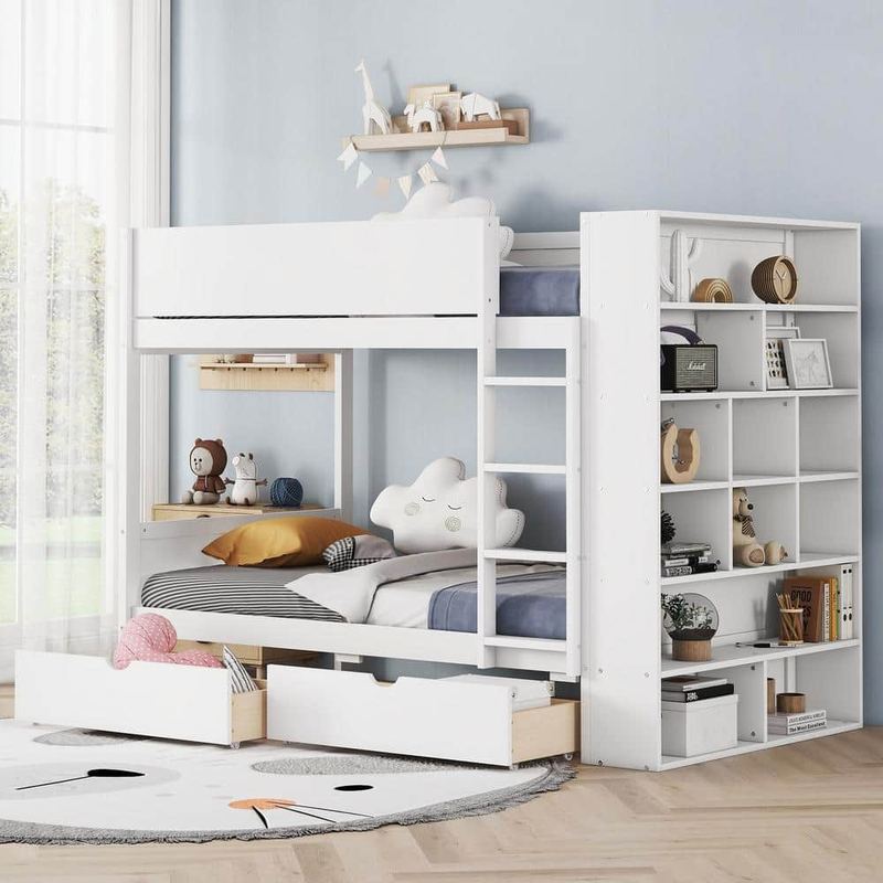Harper & Bright Designs - White Twin over Twin Wood Bunk Bed with Multi-Layer Cabinet, 2-Drawer