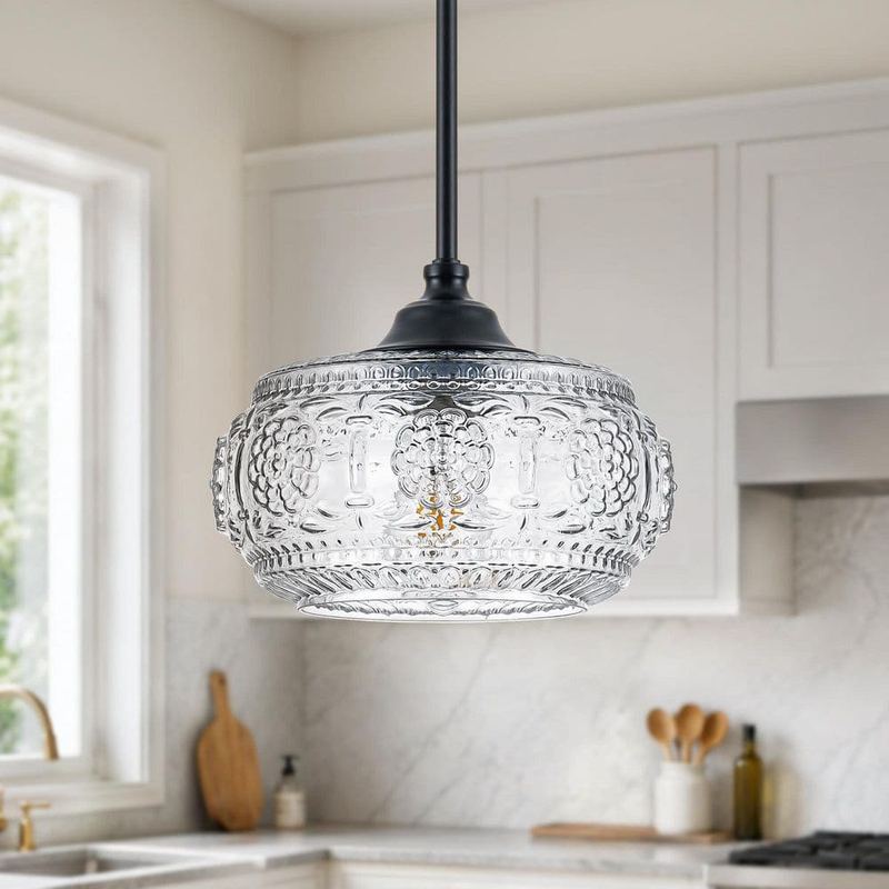 Merbotin - RayHome 1-Light Black Mid-Century Pendant Light with Vintage Textured Glass Shade for Kitchen Island