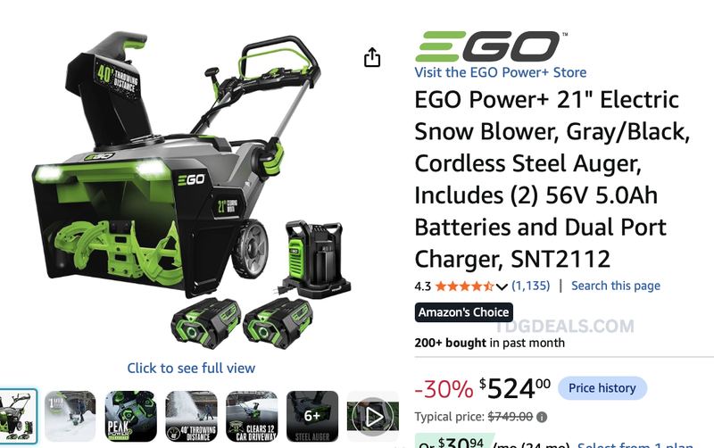 $749 EGO POWER+ 21" CORDLESS SNOW BLOWER DROPPED TO $524