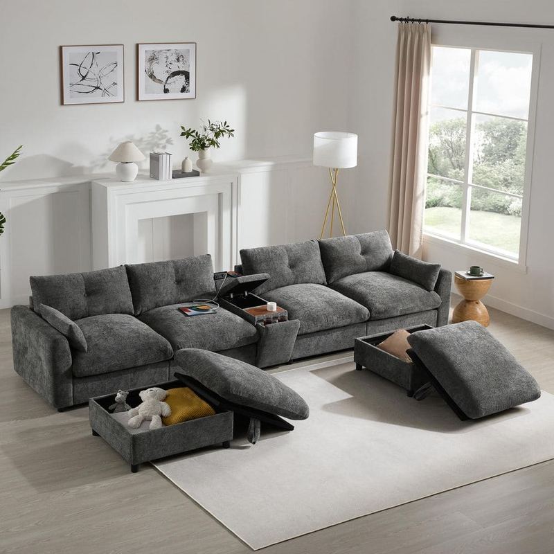 Nestfair - 136 in. W Chenille Modular Sectional Sofa in. Gray with USB Charger, Console, Cup Holder and Ottoman