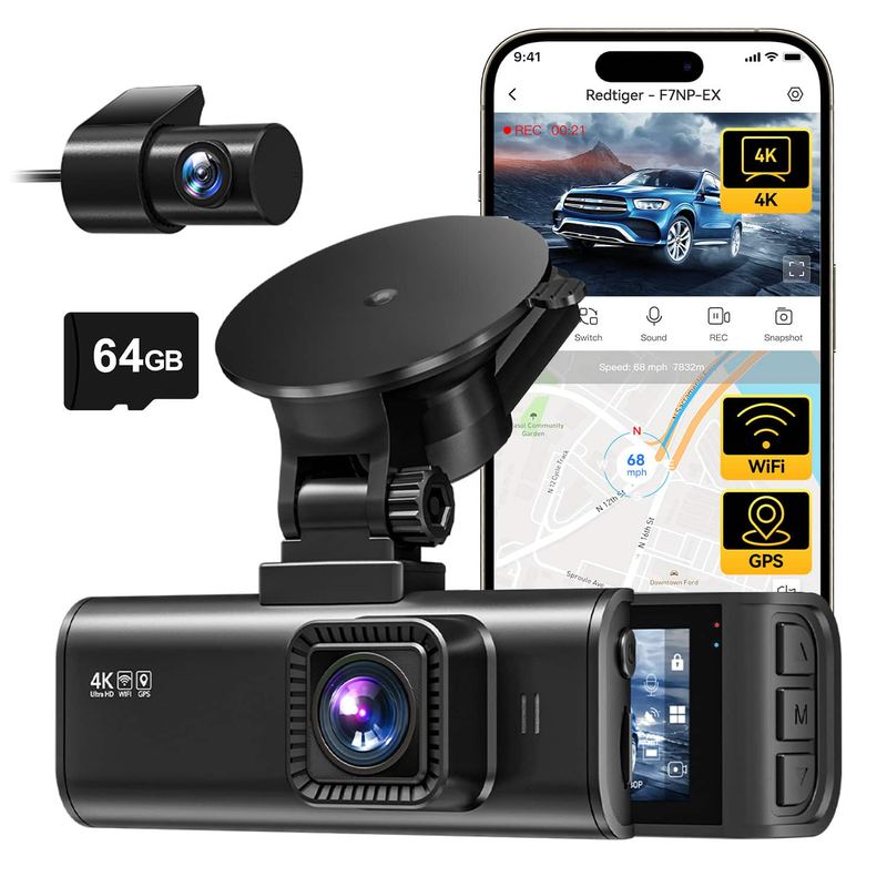 REDTIGER - 4K/2.5K HD Dash Cam, WDR, Night Vision, 64GB Card, GPS, 5.8GHz WiFi - Black