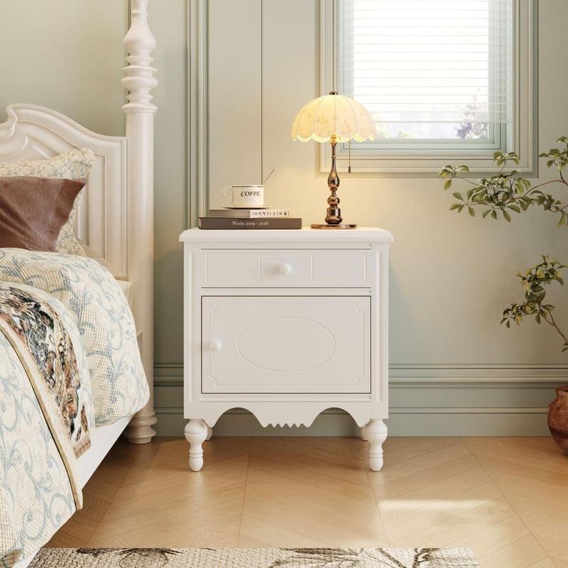 CHRISTOPHER KNIGHT HOME - Dalmora Rustic Vintage Ivory White Bedside Table Nightstand with Pattern Carved Drawer and Cabinet, Gourd Legs
