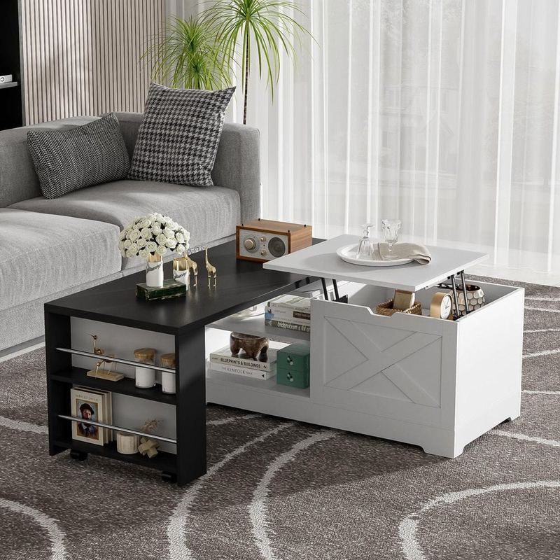Harper & Bright Designs - 47.2 in. White and Black Rectangle Lift Top Wood Coffee Table with Barn Doors, Charging Station, Rotating Top w/ Wheels