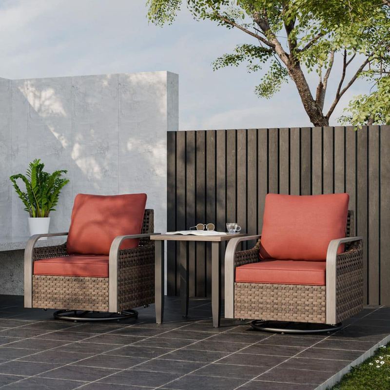 EAGLE PEAK - 3-Piece Brown Wicker Patio Swivel Rocking Bistro Set with Red Cushions