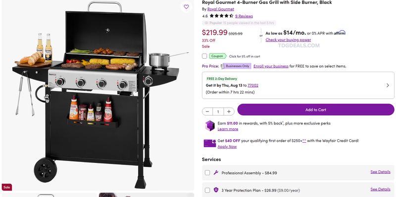 ROYAL GOURMET 4-BURNER GAS GRILL — $208.99