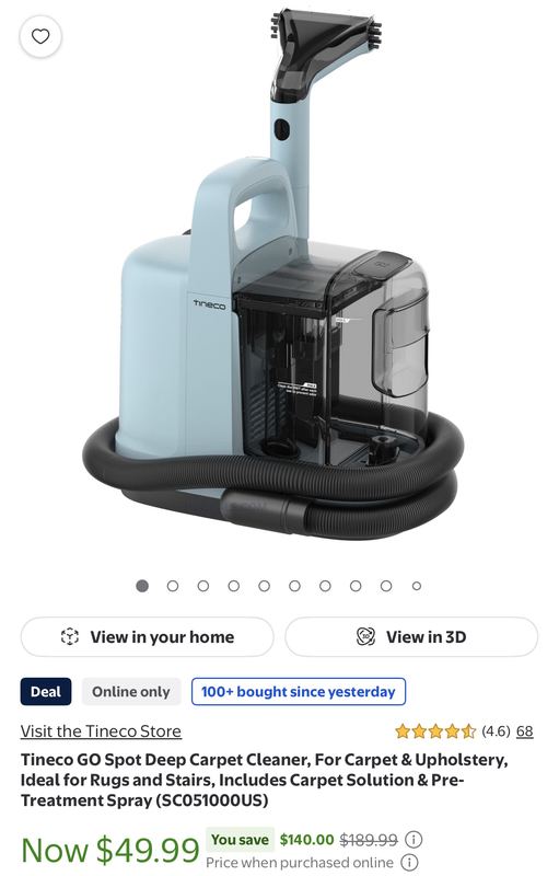 Tineco GO Spot Deep Carpet Cleaner is down to just $49.99 at Walmart (was $189.99)!