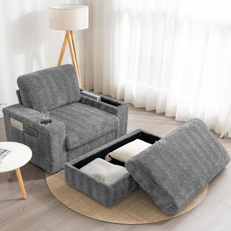 Qualler - Gray Faux Fur Leather Chaise Lounge with Storage Ottoman and Cup Holders