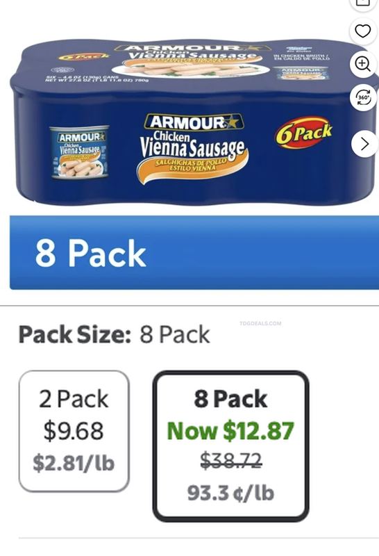 8-PACK ARMOUR CHICKEN VIENNA SAUSAGE FOR $12.87 AT WALMART