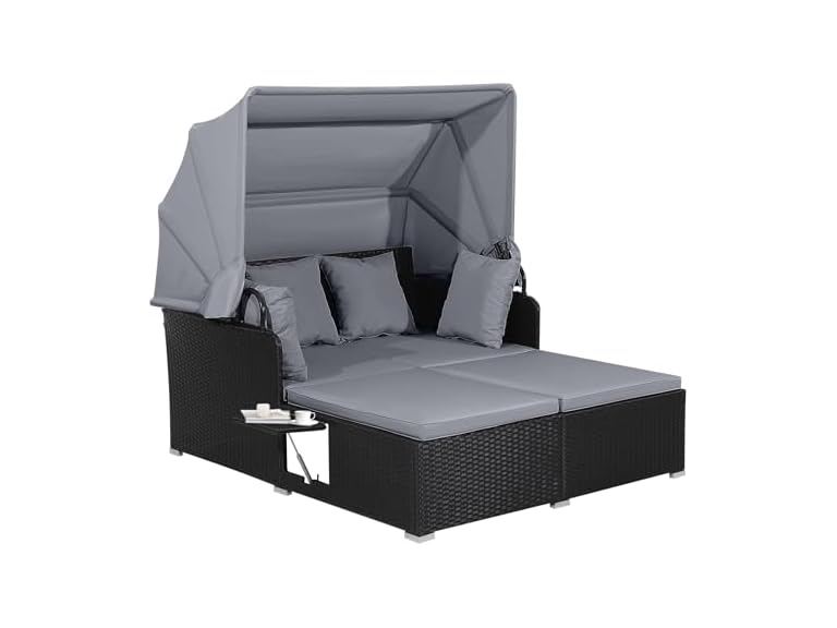 Goplus Salches Outdoor Rattan Daybed with Retractable Canopy
