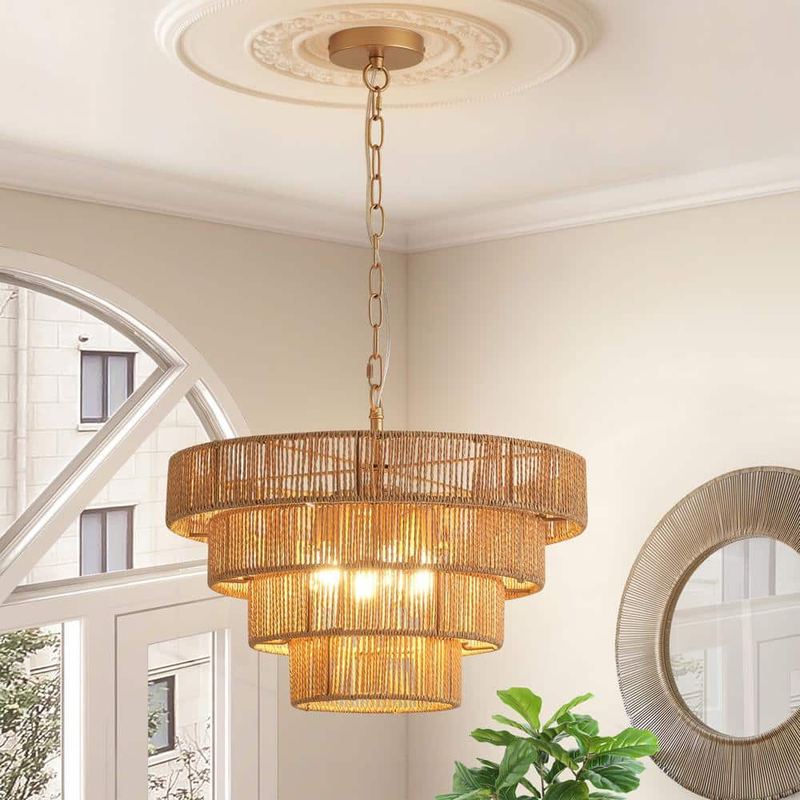 GoYeel - 6-Light Yellow Bohemian Drum Hanging Pendant Light with 4-Tier Woven Shade