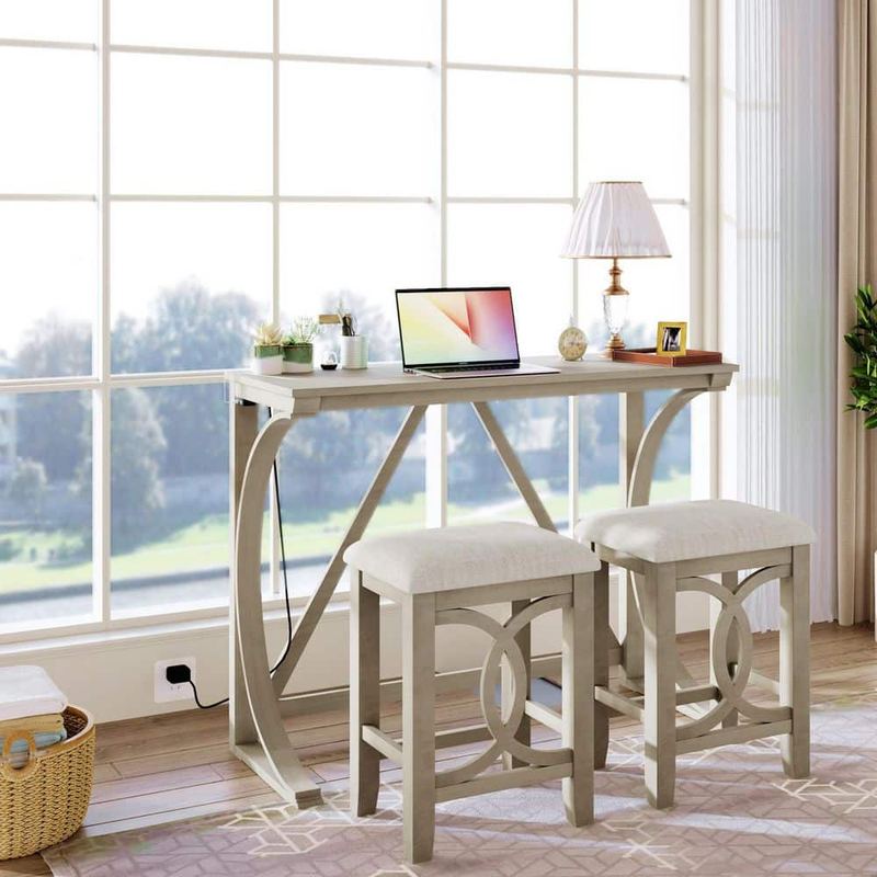 Nestfair - 3-Piece Milky White Rectangular MDF Top Dining Table Set with 2 Upholstered Stools and USB Port