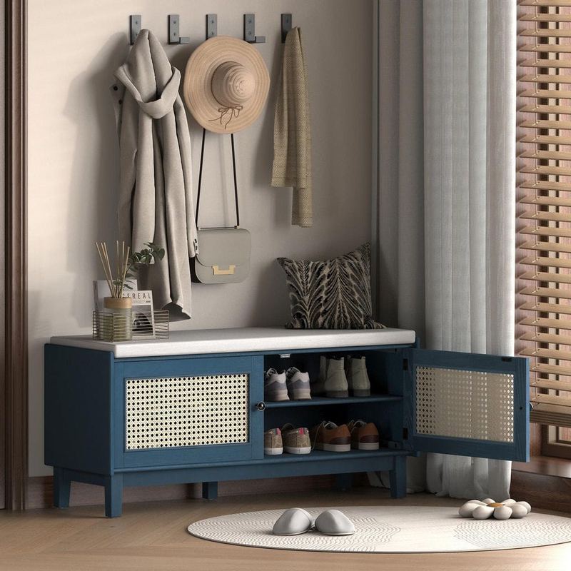 Harper & Bright Designs - Antique Navy 43.1 in. Storage Bench with Removable Beige Cushion, 2 Rattan Door Cabinet for Entryway, Living Room