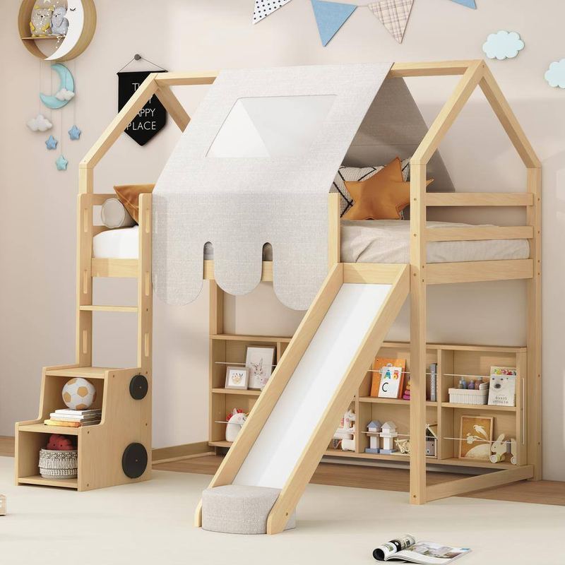 Qualler - Natural and Beige Twin Size Loft Bed with Tent