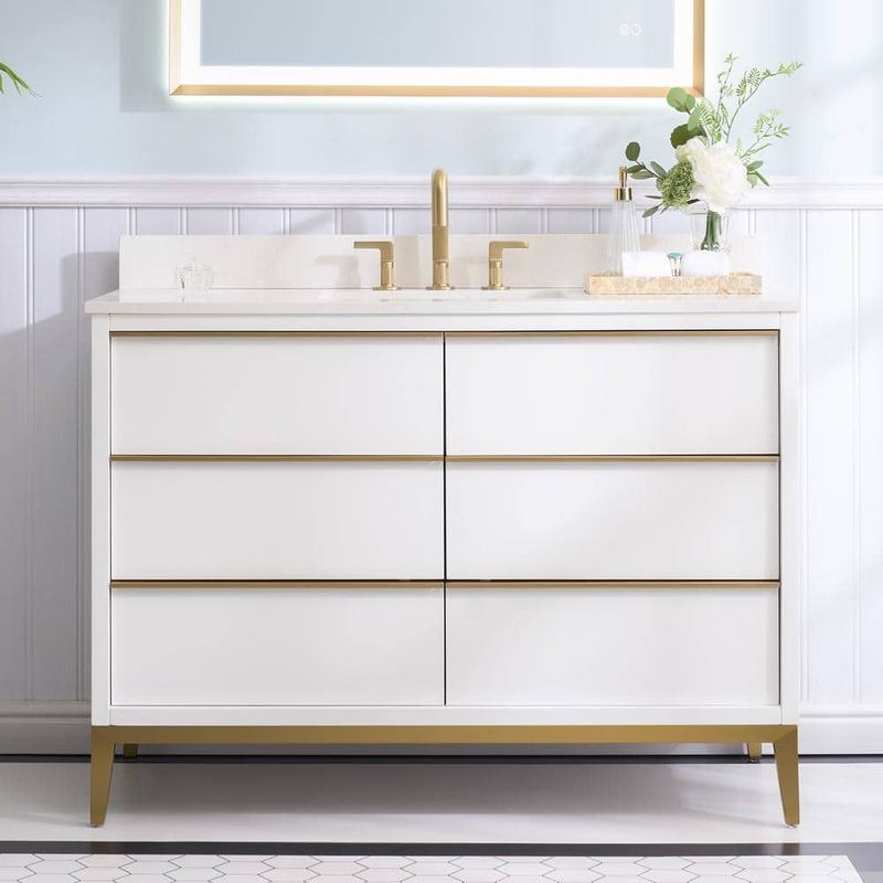 WELLFOR - NOLAN 48 in. W x 22 in. D x 35 in. H Single Sink Freestanding Bath Vanity in White with Carrera White Qt. Top, 6-Drawer