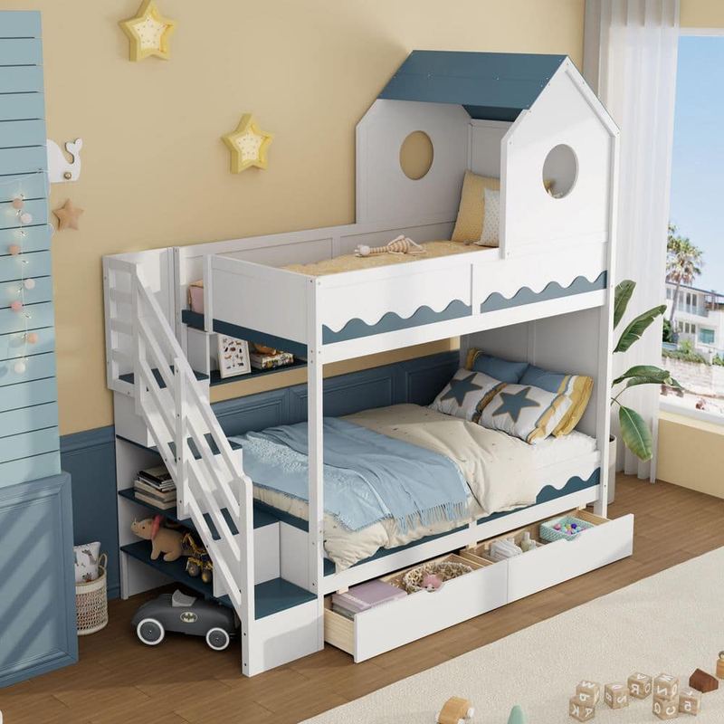 Harper & Bright Designs - White Twin Over Twin House Bunk Bed with Drawers, Bookshelves, Staircase and LED Lights