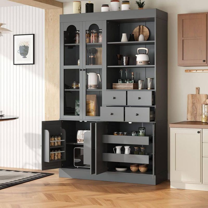 Harper & Bright Designs - Gray 75 in. Storage Cabinet with Tempered Glass Doors, Kitchen Pantry Cabinet with 4-Drawers, 2-Pull-out Trays