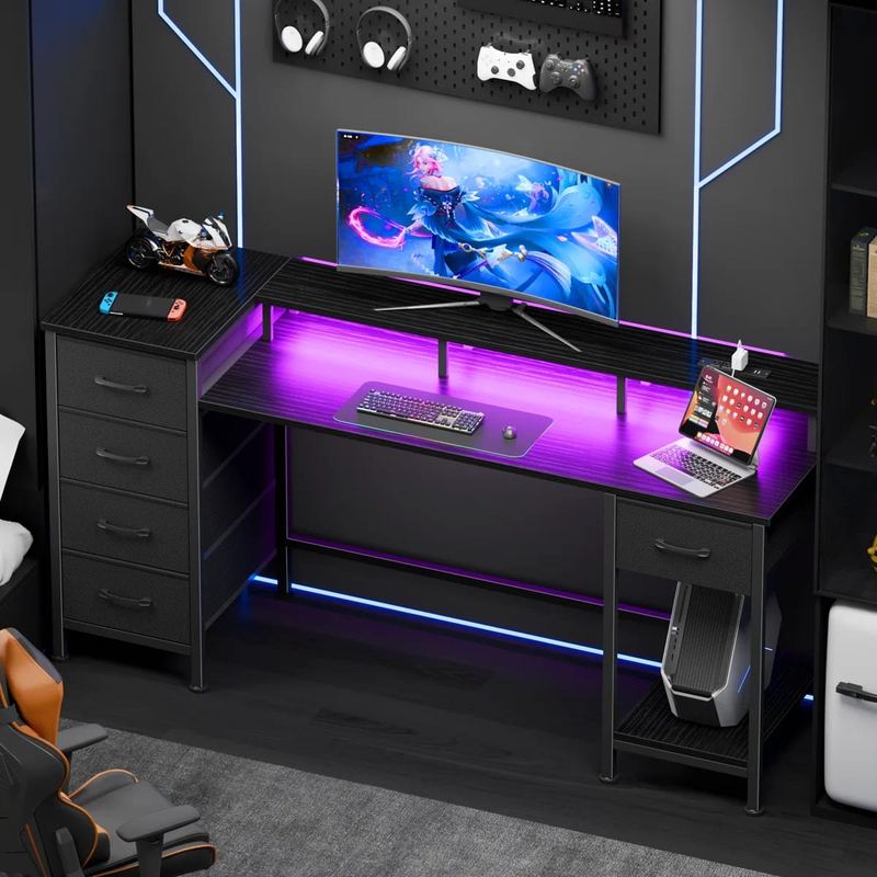 Furnulem - 55 Inches Computer Desk with Monitor Stand Charging Station LED Lights Gaming Desk with Drawers for Home Office - Black