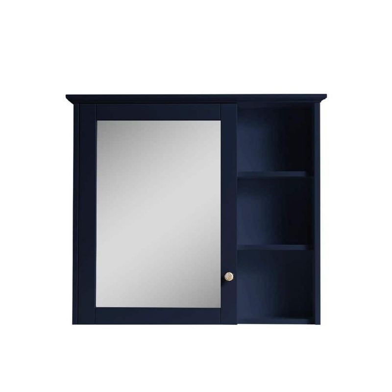 FORCLOVER - Fully Assembled 34 in. W x 30 in. H Rectangular Solid Wood Medicine Cabinet with Mirror and Open Storage in Navy Blue