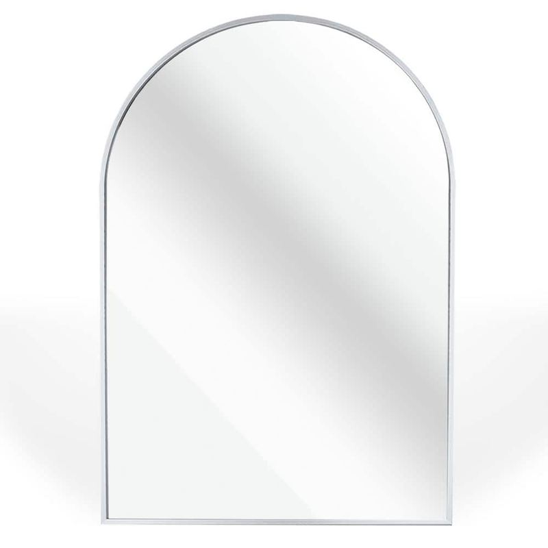 Qualler - 24 in. W x 36 in. H Arch Top Metal Frame Wall Bathroom Vanity Mirror in Silver