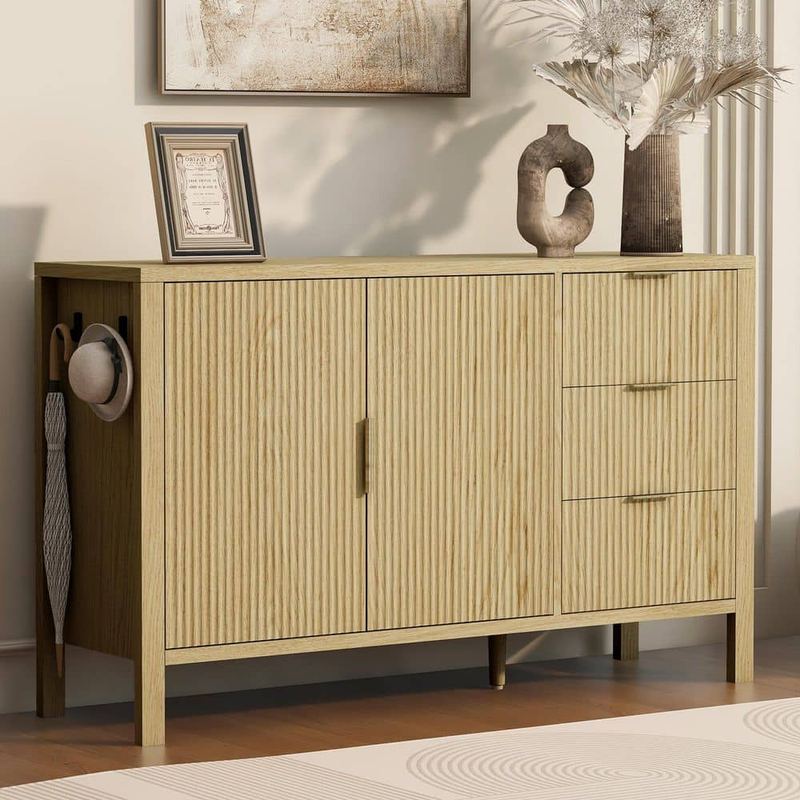 Harper & Bright Designs - Natural Modern Wood Sideboard Storage Buffet with Wave-Pattern Doors, 3-Drawers, Hooks, Extra Center Leg