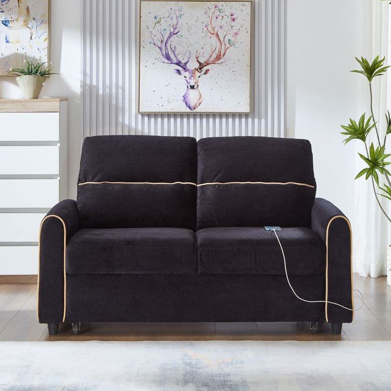 Polibi - 57.8 in. Square Arm Chenille Rectangle Sofa in Black with Adjustable 3 -Position Backrest and Charging Ports