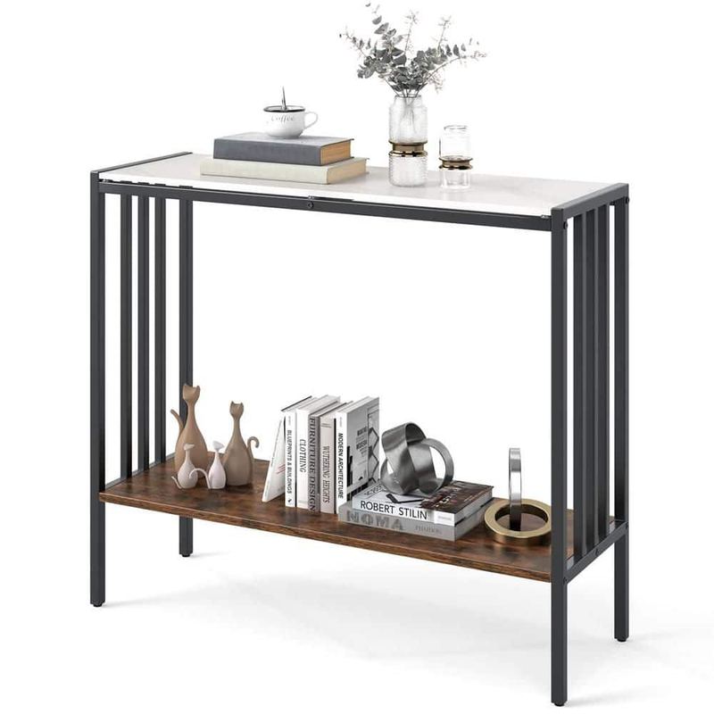 Costway - 36 in.  White Rectangle  Sintered Stone Tabletop Console Table with Open Shelf for Living Room