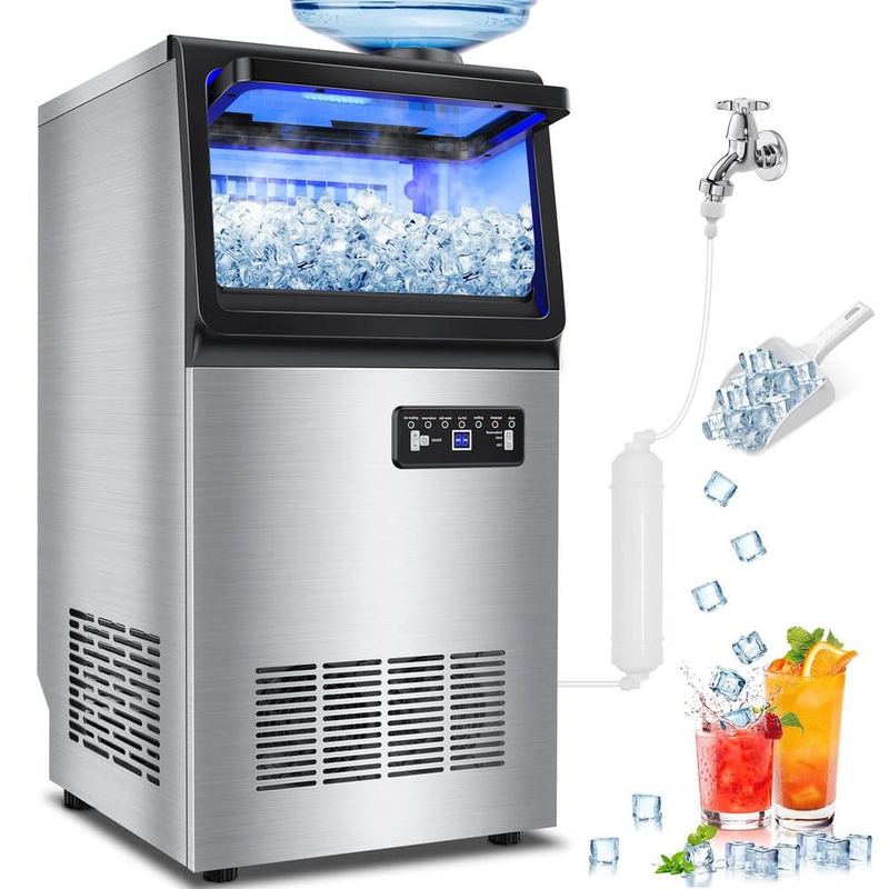 Gilati - 13.78 in. 120 lbs. / 24H Full Size Cube Commercial Freestanding Ice Maker with 20 lbs. Storage Bin in Stainless Steel