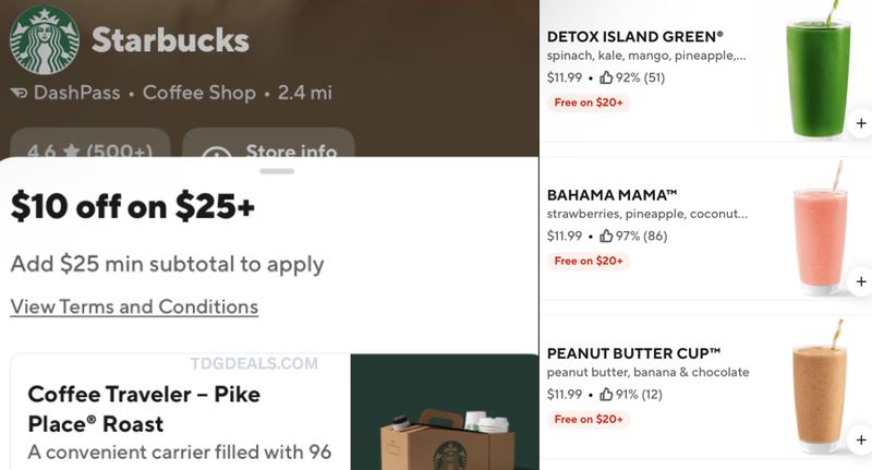 STARTBUCKS $10 OFF $25 @ DOORDASH