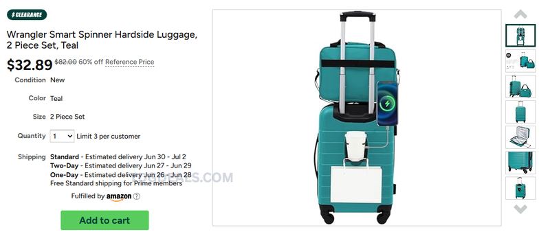 $32 Wrangler Smart Spinner Hardside Luggage, 2 Piece Set, Teal